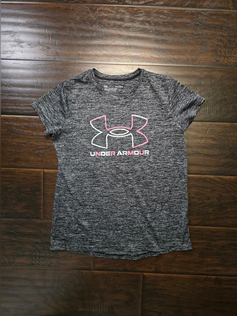 Under Armour Girls Heathered Gray Pink Logo Short Sleeve T-Shirt Youth Large
